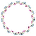 Vector round frame, border from contoured cute pink and blue butterflys in doodle flat style. Simple color background