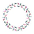 Vector round frame, border from contoured cute pink and blue butterflys. Simple color background, decoration