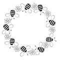 Vector round frame, border, wreath from contoured fat little bees and flowers. Cute cartoon honey insects on glade Royalty Free Stock Photo