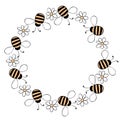 Vector round frame, border, wreath from fat little bees and flowers in doodle style. Cute cartoon honey insects on glade Royalty Free Stock Photo