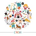 Vector round frame with circus characters, objects. Street show card template design for banners, invitations with animals, tent,