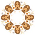 Vector round frame with cute bears, butterflies, twigs and leaves in cartoon style. Royalty Free Stock Photo