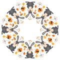 Vector round frame with cute bunnies, butterflies, twigs and leaves in cartoon style. Royalty Free Stock Photo