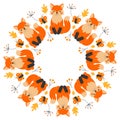 Vector round frame of cute foxes, butterflies, twigs and leaves in cartoon style. Forest animals and plants. Autumn in the forest