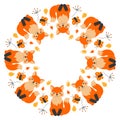 Vector round frame with cute foxes, butterflies, twigs and leaves in cartoon style. Royalty Free Stock Photo