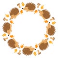 Vector round frame with cute hedgehogs, mushrooms and autumn leaves in cartoon style. Royalty Free Stock Photo