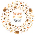 Vector round frame with cute hedgehogs, mushrooms, birds and autumn leaves in cartoon style. Royalty Free Stock Photo