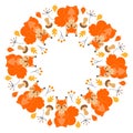 Vector round frame with cute squirrels, mushrooms, twigs and leaves in cartoon style. Royalty Free Stock Photo