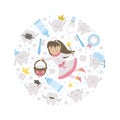 Vector round frame with cute tooth fairy. Card template with kawaii fantasy princess, funny smiling toothbrush, baby, molar, Royalty Free Stock Photo