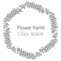 Vector round frame from doodle branches and flowers. Black and white vector pattern for labels, wedding design, cute invitations, Royalty Free Stock Photo