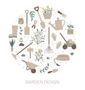 Vector round frame with garden tools, flowers, herbs, plants. Gardening equipment banner or party invitation framed in circle. Royalty Free Stock Photo