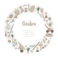 Vector round frame with garden tools, flowers, herbs, plants. Gardening equipment banner or party invitation framed in circle. Royalty Free Stock Photo