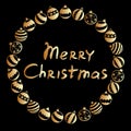 Vector round frame of gold xmas tree balls in flat doodle style. Merry Christmas - golden lettering on black background Royalty Free Stock Photo