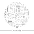 Vector round frame with medical equipment and tools outlines. Medicine line elements banner design framed in circle. Cute funny Royalty Free Stock Photo