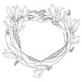 Vector round frame with ornate outline Snowdrop flowers or Galanthus isolated on white back. Floral elements for spring design. Royalty Free Stock Photo