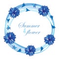 Vector round frame with outline Cornflower, Knapweed or Centaurea flower and petal in pastel blue isolated on white background.