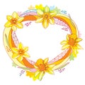 Vector round frame with outline narcissus or daffodil flower and leaves in orange and yellow isolated on white background.