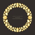 Vector round frame from realistic golden gems and jewels on black background. Shiny diamonds jewelry design elements.