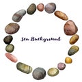 Vector round frame with sea stones drawing in watercolor