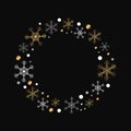 Vector round frame with snowflakes and dots. Isolated golden and white snowflakes arranged in a circle. Gold collection for winter Royalty Free Stock Photo