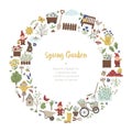 Vector round frame with springy garden tools, flowers, herbs, plants Royalty Free Stock Photo