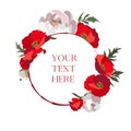Vector round frame template with red poppies, white peonies and copy space. Isolated on white background