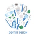 Vector round frame with tooth care tools. Card template with elements for cleaning teeth. Dentistry equipment banner isolated on Royalty Free Stock Photo
