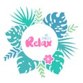 Vector round frame with tropical leaves, flowers and lettering Summer paradise. Royalty Free Stock Photo