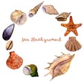 Vector round frame with watercolor drawing shells