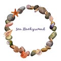 Vector round frame with watercolor drawing shells and sea stones