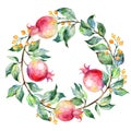 Vector round frame of watercolor pomegranate and berries.