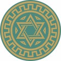 Vector round gold and green jewish national ornament. Star of David.