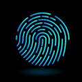 Vector round icon fingerprint symbol of finger in line art design on black background - neon blue cyan color