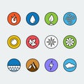 Round icons of fire, water, earth and air elements and seasons of year in colorful thin line style