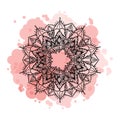 Vector round mandala black hand drawing on pink spot textured background card isolated on white