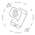 Vector round symbol of currency with dollar sign, mobile phone and arrows for mobile apps. Line icon for financial transactions.