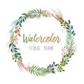 Vector round watercolor style frame with plants and flowers isolated on white background Royalty Free Stock Photo