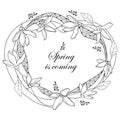 Vector round wreath with outline Forsythia flower