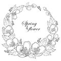 Vector round wreath with outline Jasmine flowers, bud and leaves isolated on white background. Floral elements for spring design.