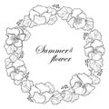 Vector round wreath with outline Pansy or Heartsease or Viola tricolor flower and leaf in black isolated on white background.