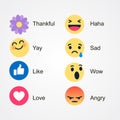 Vector round yellow cartoon bubble emoticons for social media chat comment reactions, icon template face tear, smile, sad, flower,