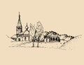 Vector rural landscape illustration. Hand drawn russian countryside or farmland. Sketch of village with church, birches. Royalty Free Stock Photo