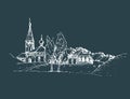 Vector rural landscape illustration. Hand drawn russian countryside or farmland. Sketch of village with church, birches. Royalty Free Stock Photo