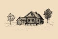 Vector rural landscape illustration. Hand drawn russian countryside poster. Sketch of village peasants house Royalty Free Stock Photo