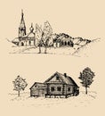 Vector rural landscape illustrations set. Hand drawn russian countryside. Sketches of village with church,birches. Royalty Free Stock Photo