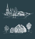 Vector rural landscape illustrations set. Hand drawn russian countryside. Sketches of village with church,birches. Royalty Free Stock Photo