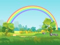 Vector Rural Landscape with Rainbow. Summertime Background with Park, Tree, Sky Illustration Royalty Free Stock Photo