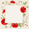 Vector rustic card with red poppy flowers on a sacking background. Eps-10.