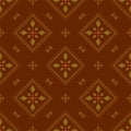 Vector rustic seamless pattern with rhombuses, stylized foliage. Brown and green ornate geometric background in ethnic style