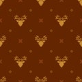 Vector rustic seamless pattern with stylized deer, berries and rhombuses. Brown decorative geometric background in ethnic style